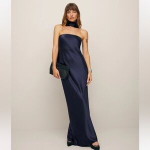 REFORMATION OREN SILK DRESS WITH NECK TIE IN NAVY. Size XS. Only worn once